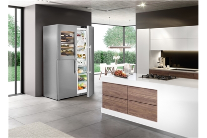 Side by side cu vitrina vinuri Liebherr PremiumPlus SBSes 8496, NoFrost, BioFresh, 645 l, Clasa D, argintiu