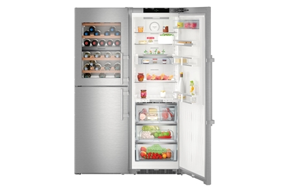 Side by side cu vitrina vinuri Liebherr PremiumPlus SBSes 8496, NoFrost, BioFresh, 645 l, Clasa D, argintiu