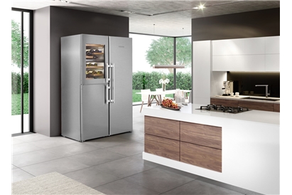 Side by side cu vitrina vinuri Liebherr PremiumPlus SBSes 8496, NoFrost, BioFresh, 645 l, Clasa D, argintiu